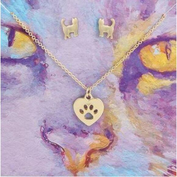 New Gold Felines Forever Cat Post Earring & Paw Cats Kittens Necklace Set - Picture 1 of 3